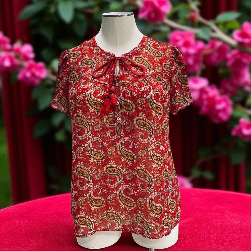 My Danielle Womens Red Paisley Short Sleeve Boho Blouse SZ Large Tassel Tie Top
